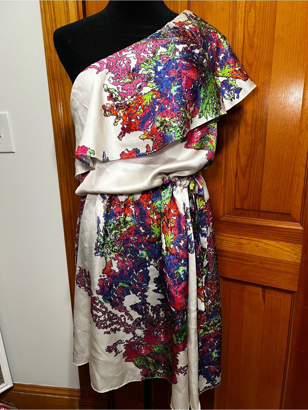 Halston Heritage One-Shoulder Multicolor Ruffle Dress